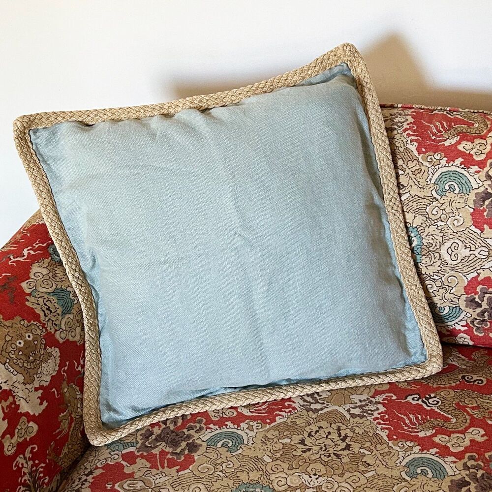 Pottery Barn Light Blue Linen Braided Jute Trim Pillow Cover Zip Closure 20 x 20